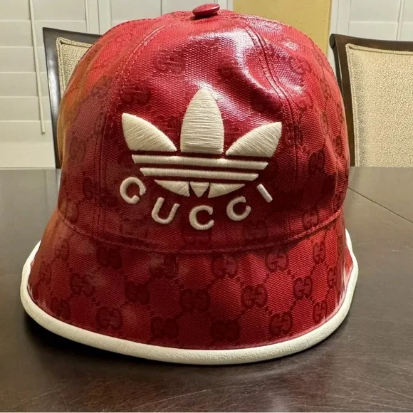 New Gucci x Adidas Wide Brim GG Supreme Logo Hat Red White Size M - Picture 10 of 14